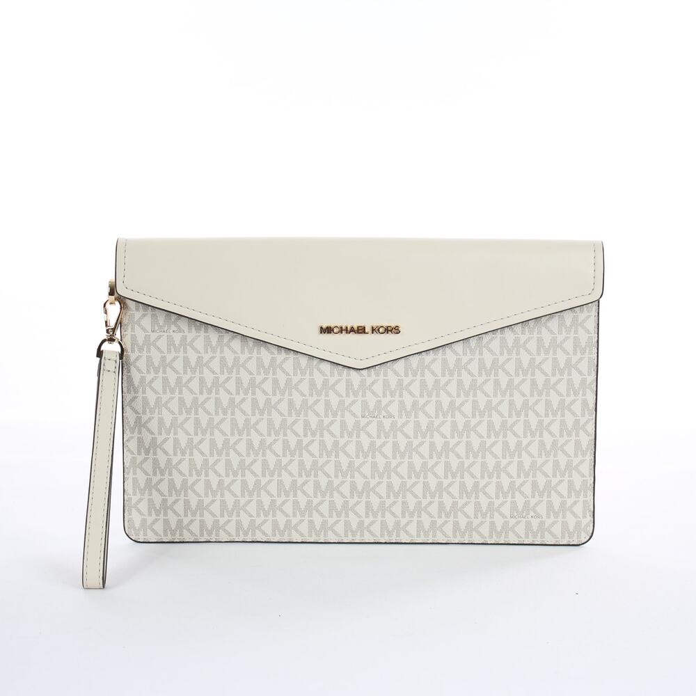 Michael Kors Signature Wristlet Wallet Beige MK Monogram Flap Clutch